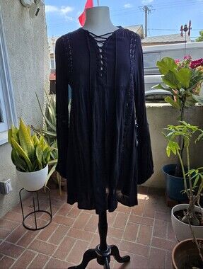 NWT Sea Gypsies by Lost "Plume Dress" Black Boho Lace Up Mini Dress - S